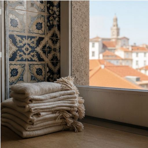 Yoga textiles catching daylight by a Cedofeita studio window