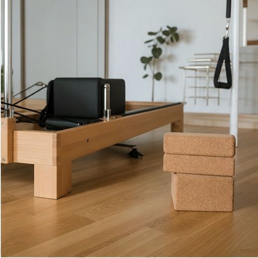 Pilates reformer beside cork flooring in the studio